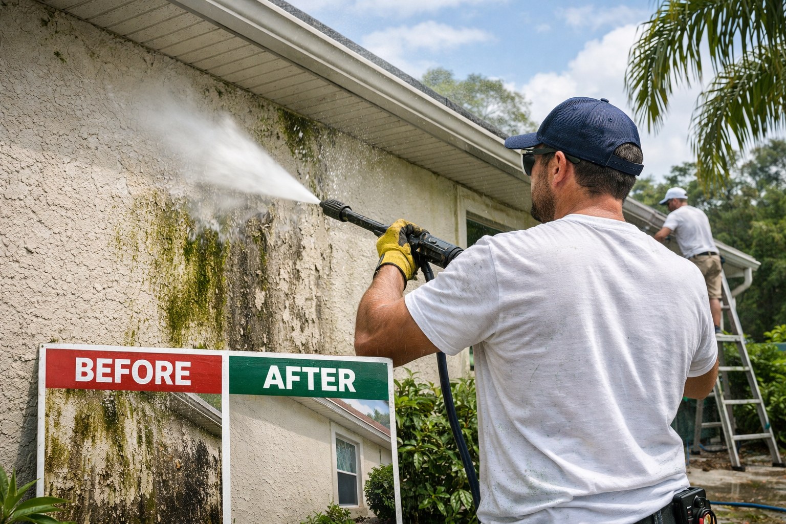Pressure washing a house exterior in Volusia County Florida before painting for better adhesion and mildew control